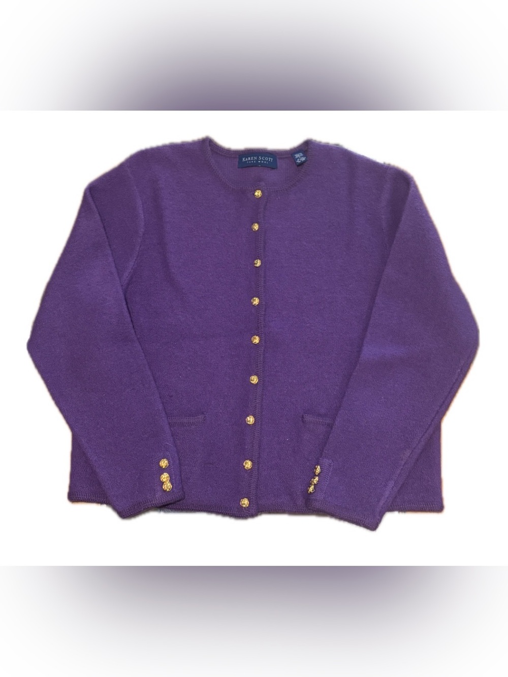 Karen Scott Size: L Purple Crewneck Cashmere-Blend Cardigan with Gold Buttons